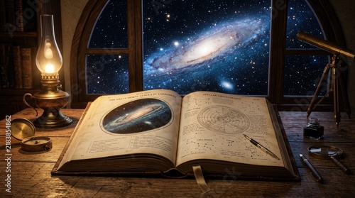 An elderly scholar sits at a wooden desk, illuminated by the warm glow of a vintage oil lamp. He studies an open, antique book filled with astronomical charts and diagrams.