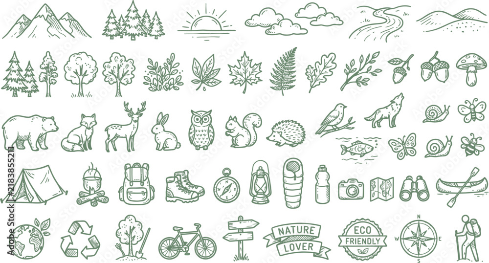 Obraz premium Forest Nature Element Hand Drawn Outline Doodle Set