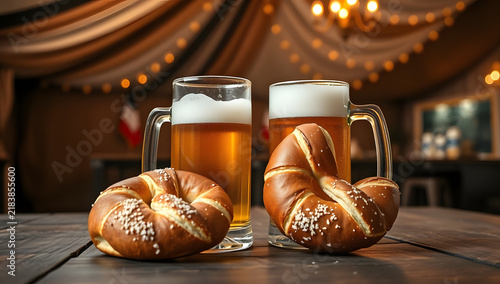 Two glass mugs of draft beer served with fresh pretzels in pub setting