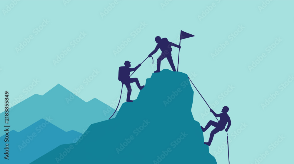 Fototapeta premium Mountain climbers demonstrating teamwork and achievement on a peak
