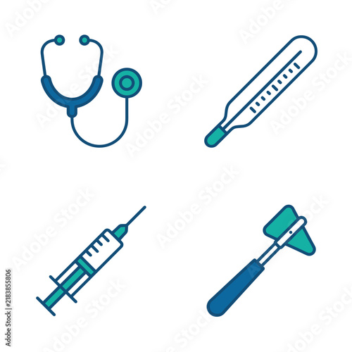 Flat medical icon set with syringe and stethoscope on white background