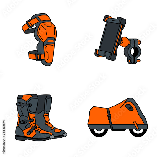 Motorcycle safety gear and travel accessories icon set