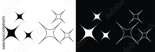 Abstract Four Pointed Star Sparkle Vector Element Set Isolated on Black and White Backgrounds for Creative Modern Design