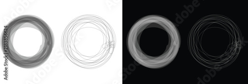 Abstract minimal black and white circular smoky swirl rings collection isolated on dark and light background