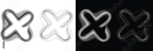 Abstract Cross Letter X Brush Stroke Vector Set Isolated on Black and White Backgrounds for Modern Graphic Design Elements