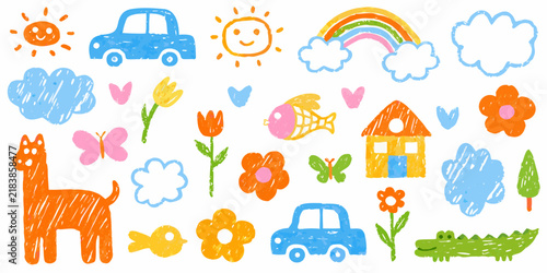 A collection of crayon drawings depicting cars animals flowers and weather elements on a white background drawing childsart kidscraft scribble doodle illustration vector