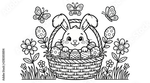 Adorable bunny peeks out from a woven basket filled with colorful easter eggs surrounded by spring flowers