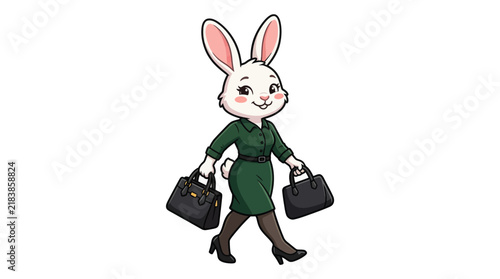 A confident anthropomorphic rabbit businesswoman walks forward carrying two briefcases on a plain clean white studio background illustration