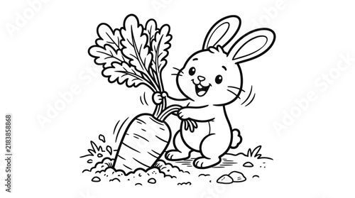 Charming vintage illustration of a happy bunny rabbit holding a large bunch of carrots and a single carrot