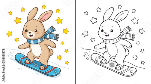 Adorable bunny riding a skateboard with colorful flowers and a corresponding black and white line art version