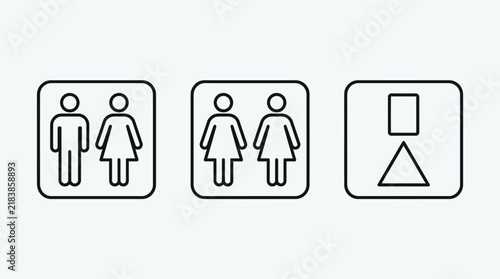 Clear restroom signs illustrate male female and gender neutral options for public bathroom accessibility and inclusivity