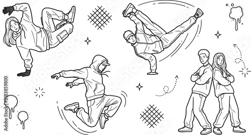 Foto Hip hop street dance breakdance line art vector set featuring b boys b girls han