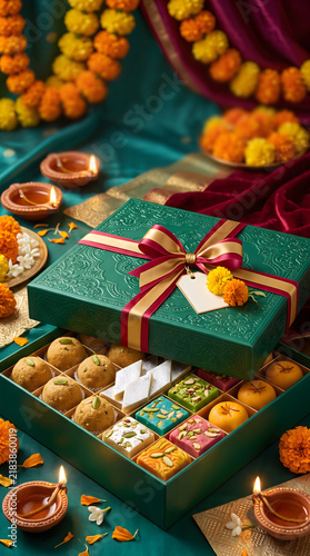 Luxury Diwali mithai gift box with colorful Indian sweets and festive golden décor.