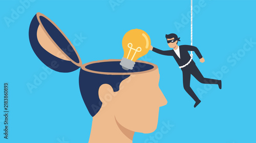 Foto Thief stealing a bright idea light bulb from an open human head, IP theft