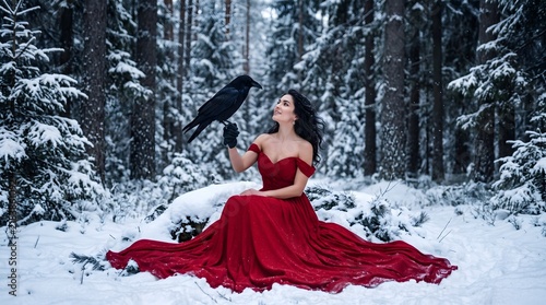 A beautiful woman in a long red dress sitting in a snowy forest with a black raven