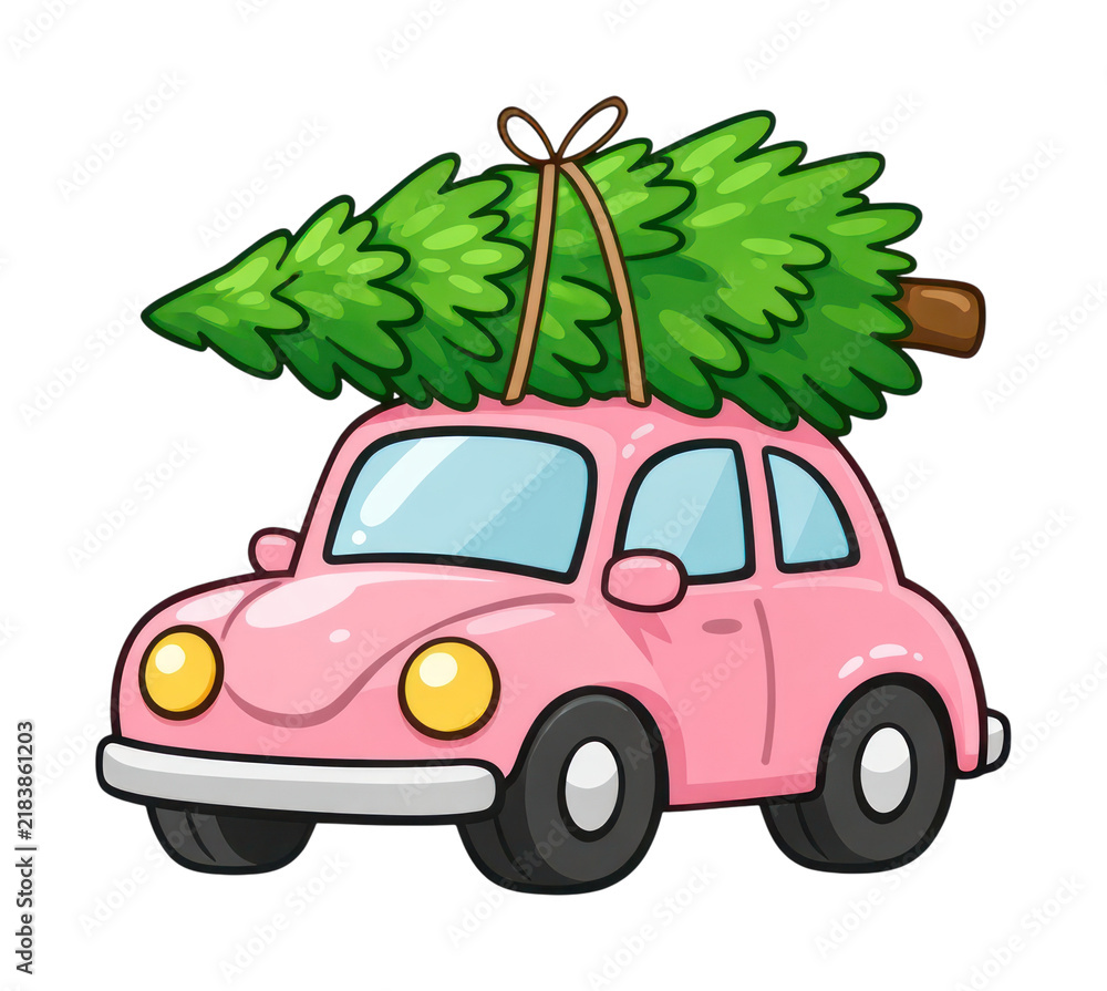 Obraz premium PNG Cute pink car carrying a Christmas tree, festive cartoon illustration