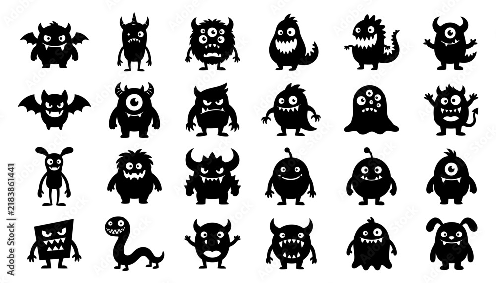 Obraz premium Set of cute cartoon monsters silhouettes