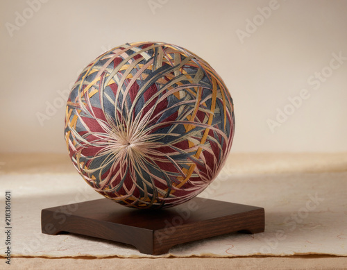 Traditional Japanese Temari Ball with Natural Dyed Geometric Thread Pattern