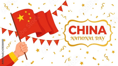 Celebrating china national day with a waving flag and festive decorations on a white background