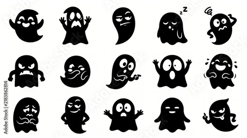 Cute ghost icons showing various funny emotions isolated on white background