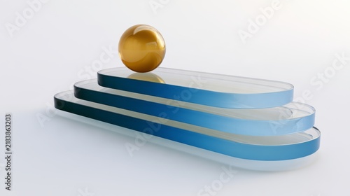 Golden Glass Sphere at the Top of Blue Rounded Steps, Abstract Achievement and Business Growth Concept. AI generative