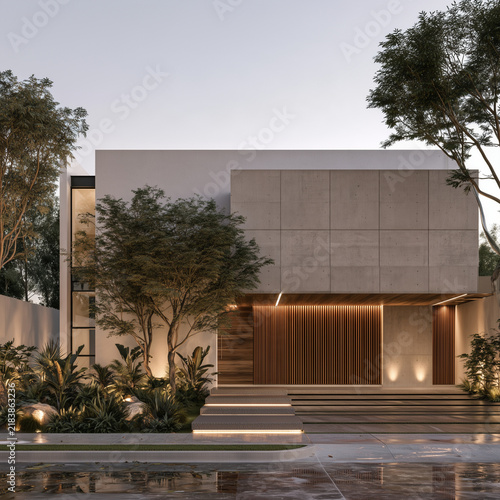 Modern home features sleek concrete and warm wooden accents. Soft lighting highlights architectural lines and natural textures. Trees and shrubs frame the entrance with organic grace