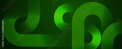 Green abstract background with glowing curved lines, smooth loops and modern geometric pattern. Vector illlustration.