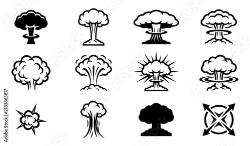 Monochrome mushroom cloud and radial explosion effects black vector set