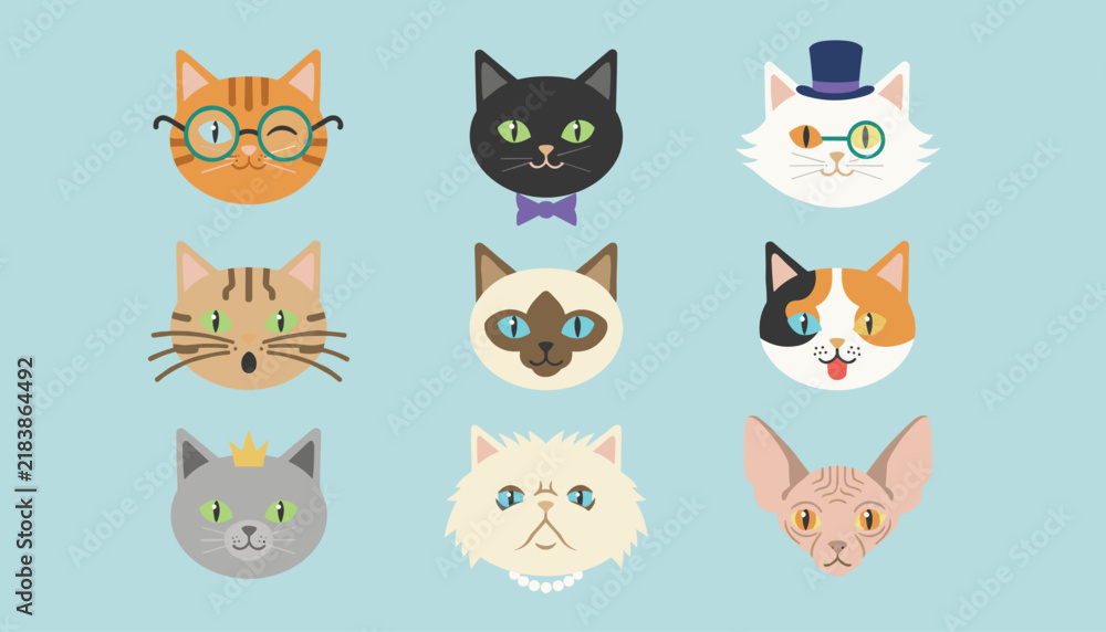 Fototapeta premium Diverse collection of nine cute cartoon cat faces of various breeds and expressions on a soft blue background.