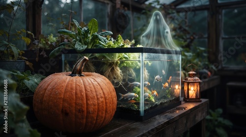 Transparent ghost spirit hovers over aquarium filled with fish and plants beside ripe autumn pumpkin.