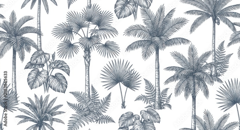 Obraz premium Tropical seamless pattern with palm trees and exotic plants in a vintage engraved style on a white background