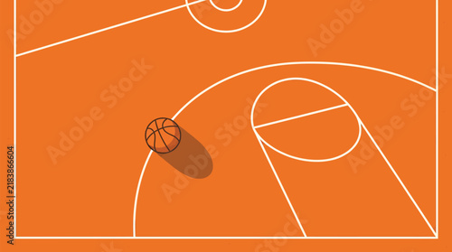 Minimal Basketball Court Vector Illustration Overhead Perspective with Ball Resting near Free Throw Line