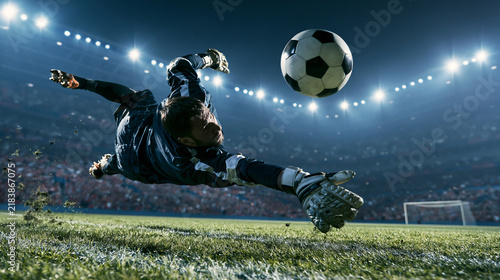 Sports action photo of a soccer goalkeeper diving to save the ball, night match under floodlights. AI gen