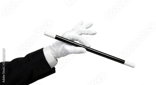 Cuadro en lienzo Magician hand wearing white glove holding black wand isolated on transparent background for show