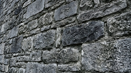Rustic Stone Wall Texture: A close-up, detailed view of an old, weathered stone wall, showcasing the rugged texture and varying shades of gray and brown, suggesting history and durability.