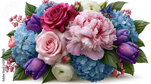 Bouquet of mixed pink and blue flowers with lush green leaves floral arrangement pink roses