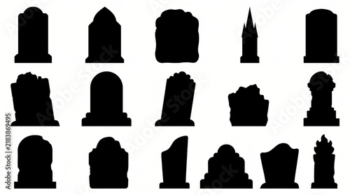 Silhouette collection of different gravestone shapes isolated on white background