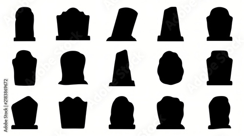 Black silhouette tombstones in a row isolated on white background