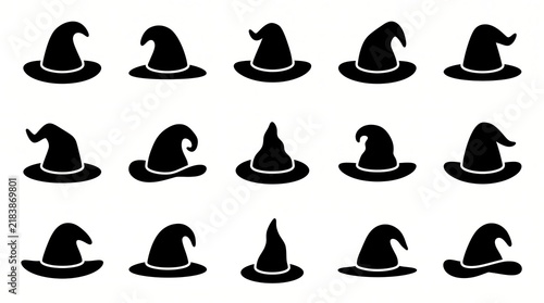 Black witch hat vector icons set isolated on white background