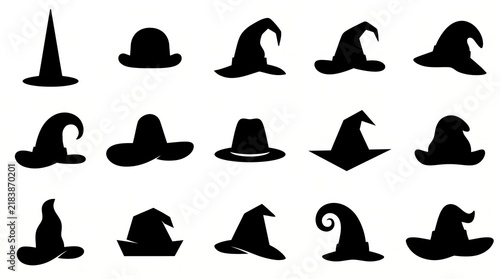 Assorted black witch hats vector icons set isolated on white background