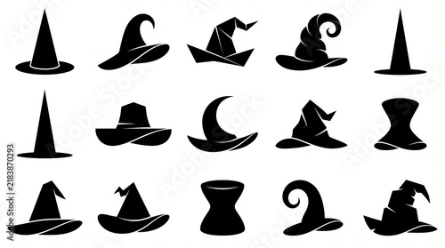 Black witch hats icon set collection isolated on white background
