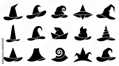 Black witch hats and pointy hat icons set isolated on white background