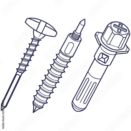 Set of three different metal screws and furniture fasteners isolated on white background