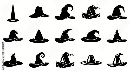 Black witch hats vector illustration collection isolated on white background