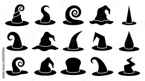 Black witch hats with various styles and shapes isolated on white background