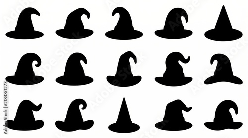 Black witch hats in various styles isolated on white background
