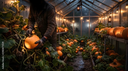 Farmer holds large pumpkin inside glowing greenhouse during twilight for seasonal harvest celebration.