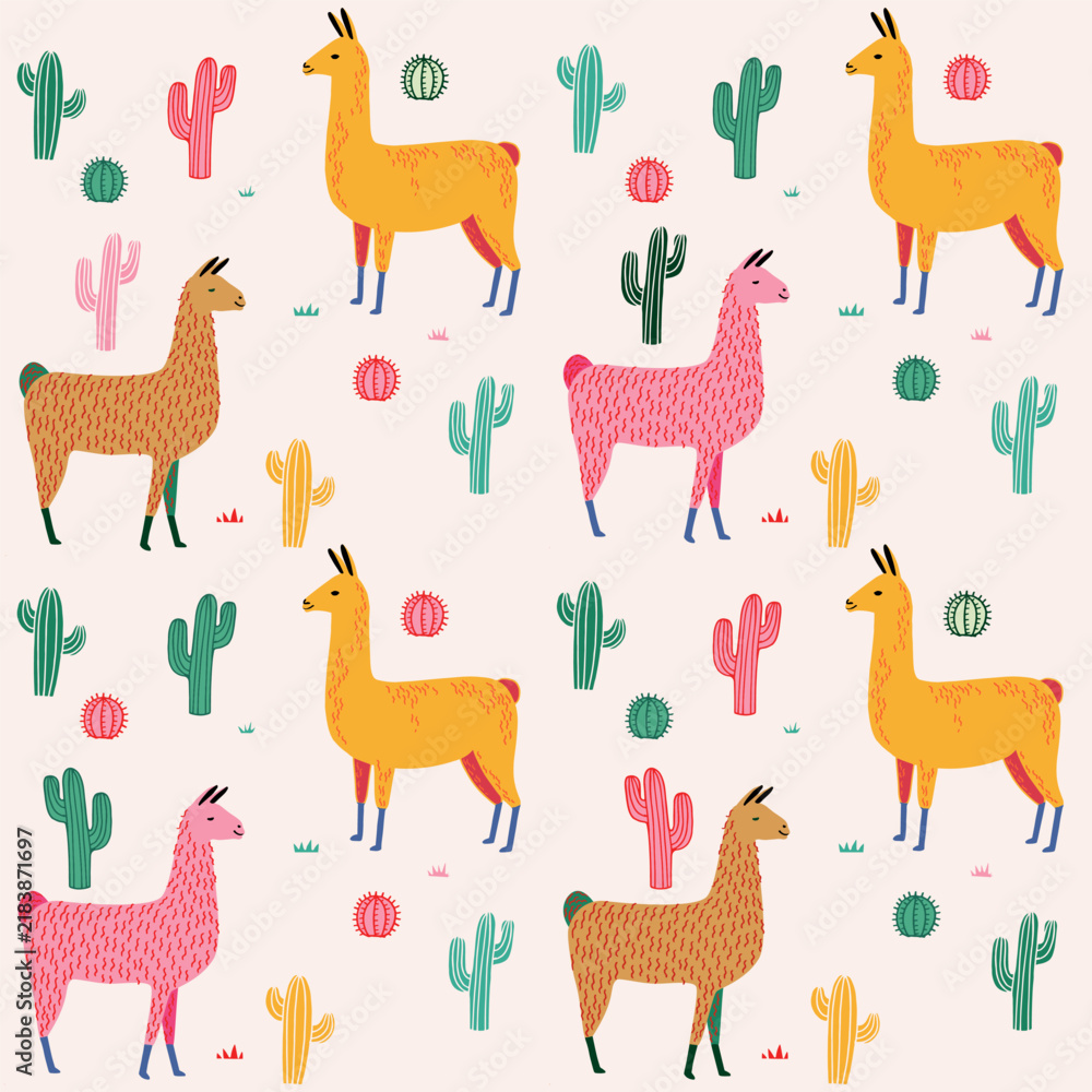 Obraz premium Alpaca cartoon baby pattern, cute lama and cactus print for textile, fabric, wallpaper