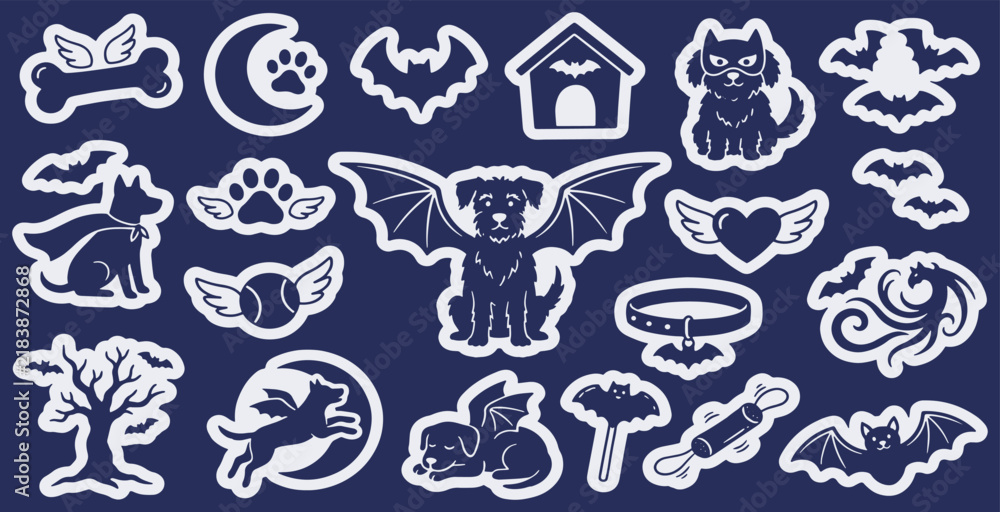 Fototapeta premium Halloween themed dog and cat icons with bats, bones, and spooky elements.
