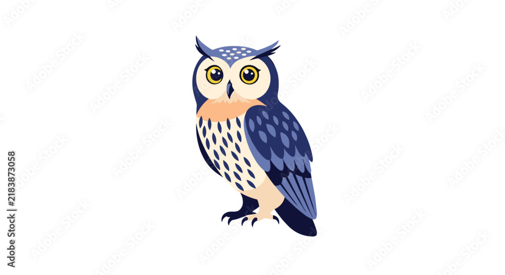 Obraz premium Detailed cartoon illustration of a cute blue and brown spotted owl standing alertly, isolated on a white background.